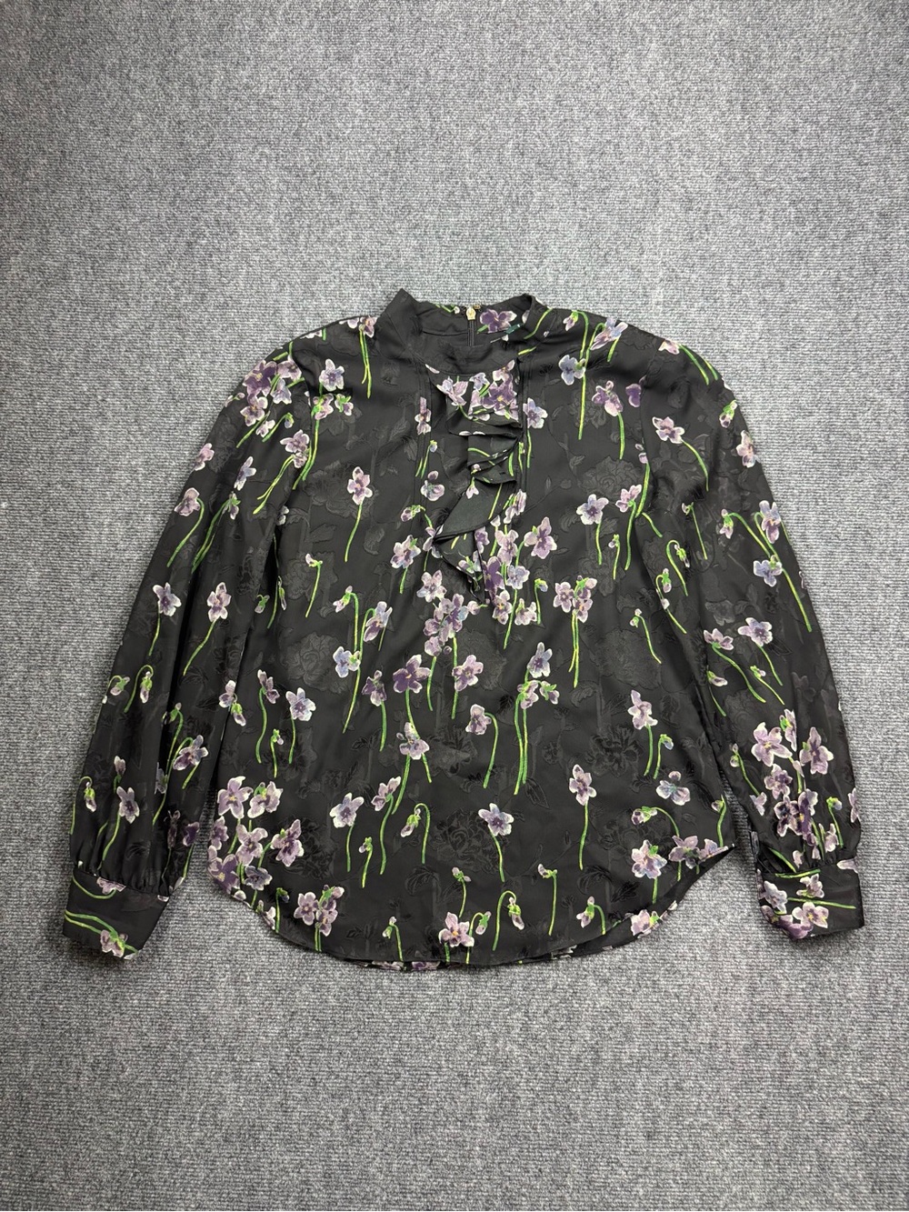 Lauren Ralph Lauren Black Floral Ruffle Front Blouse Mock Neck Size 12 Sheer